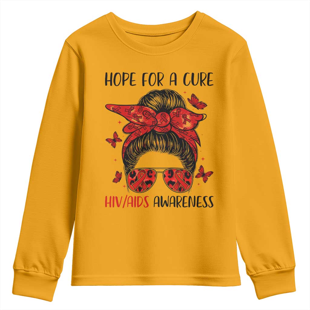 Hope For A Cure HIV Support Youth Sweatshirt Strong Woman Red Ribbon Gift