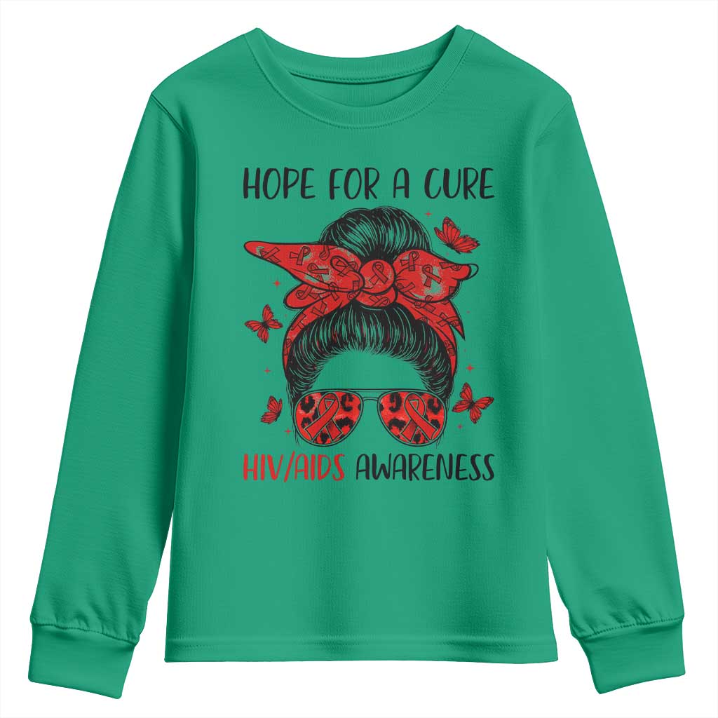 Hope For A Cure HIV Support Youth Sweatshirt Strong Woman Red Ribbon Gift