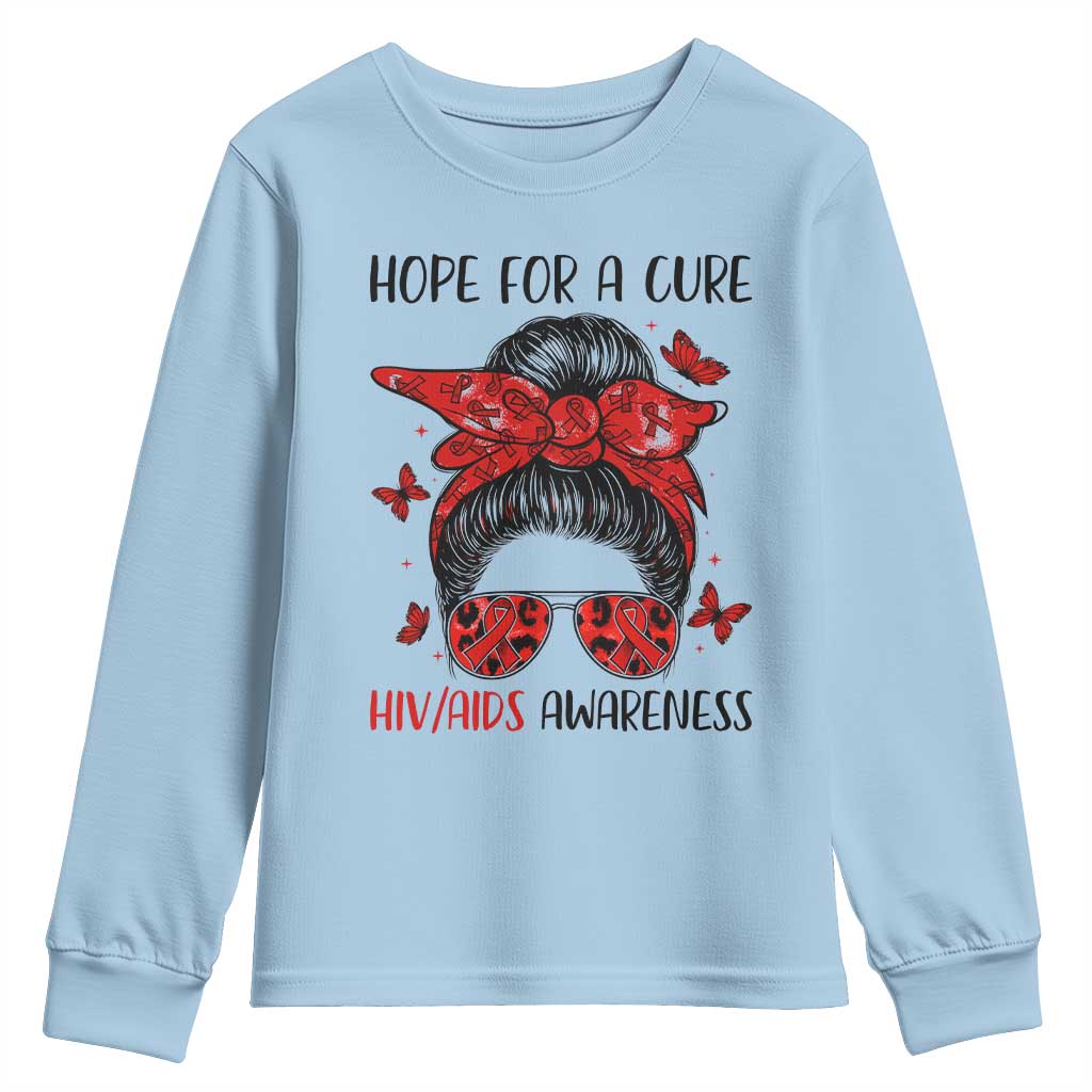 Hope For A Cure HIV Support Youth Sweatshirt Strong Woman Red Ribbon Gift