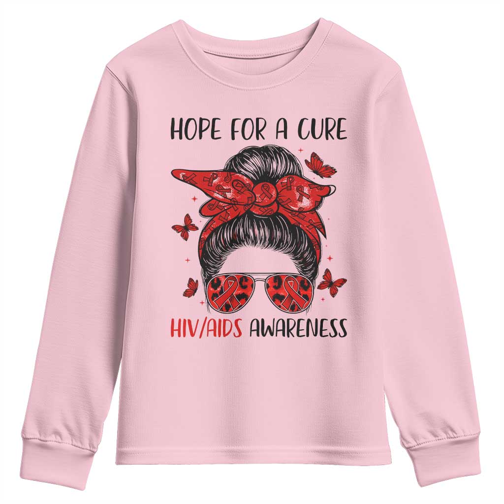 Hope For A Cure HIV Support Youth Sweatshirt Strong Woman Red Ribbon Gift