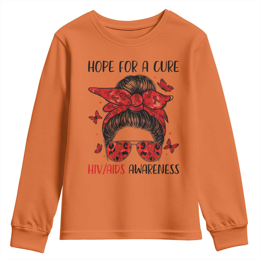 Hope For A Cure HIV Support Youth Sweatshirt Strong Woman Red Ribbon Gift