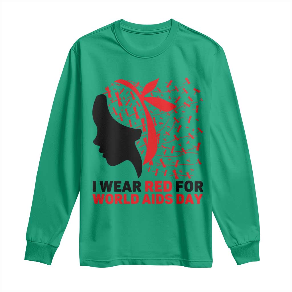 I Wear Red For World AIDS Day Long Sleeve Shirt HIV Support Dragonfly Support Gift