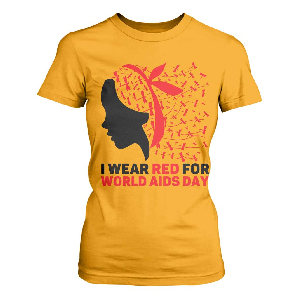 I Wear Red For World AIDS Day T Shirt For Women HIV Support Dragonfly Support Gift