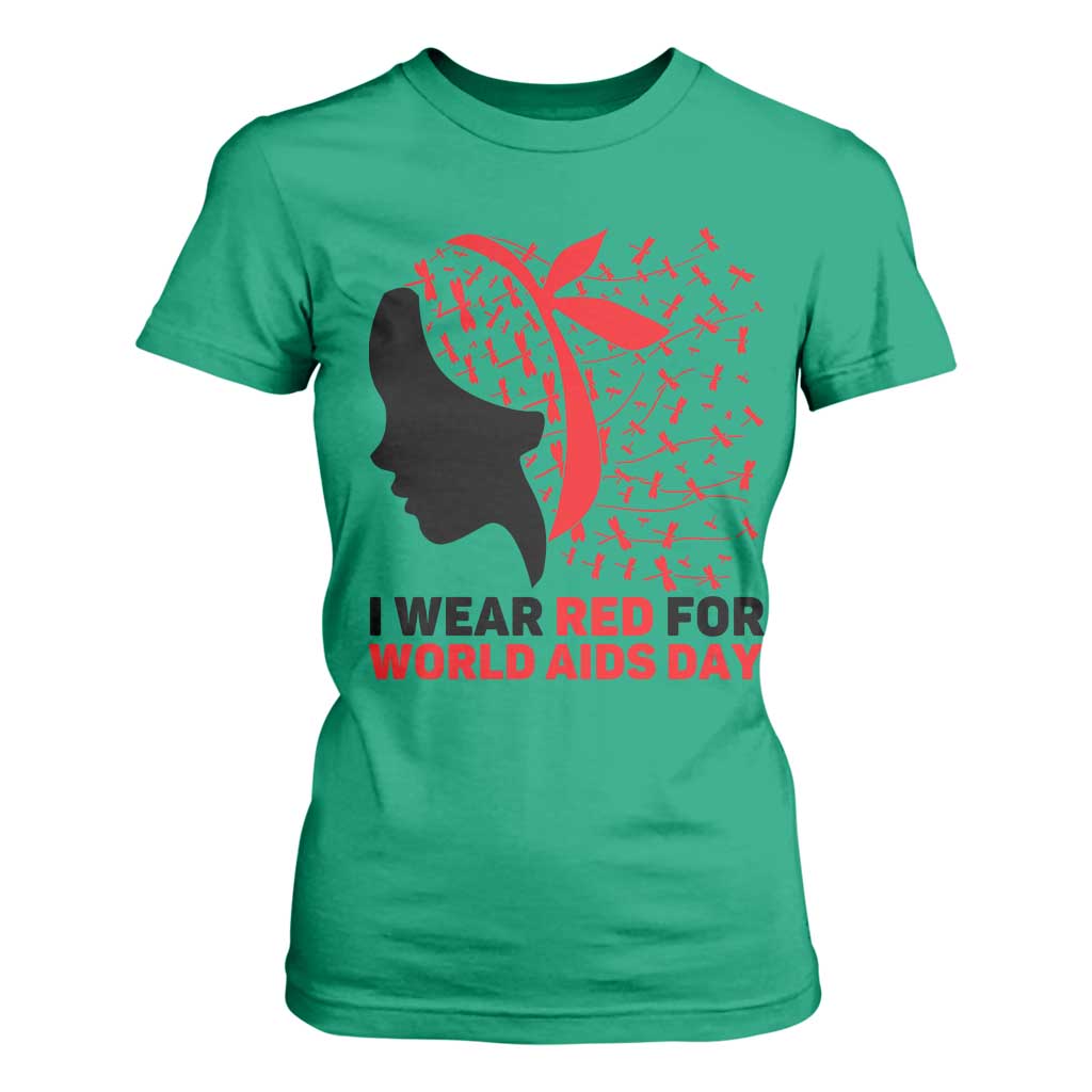 I Wear Red For World AIDS Day T Shirt For Women HIV Support Dragonfly Support Gift
