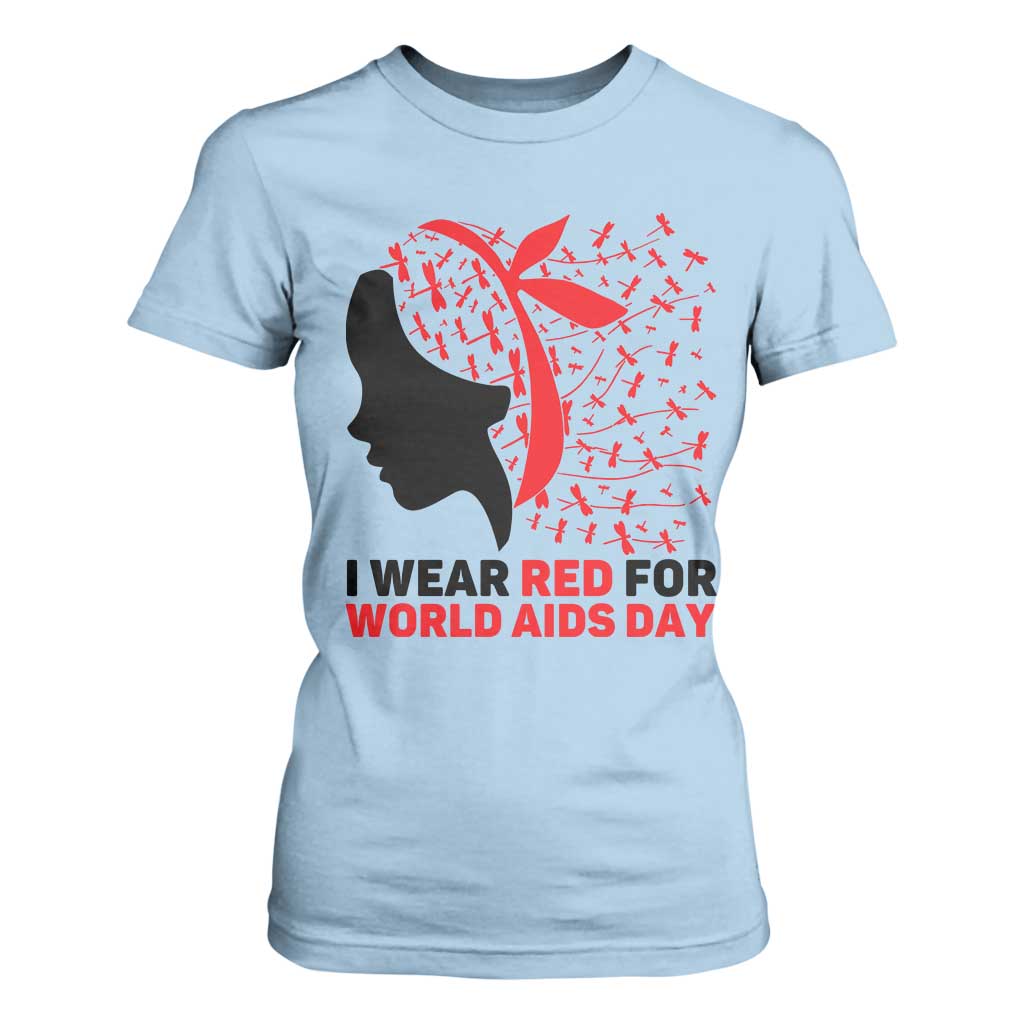 I Wear Red For World AIDS Day T Shirt For Women HIV Support Dragonfly Support Gift