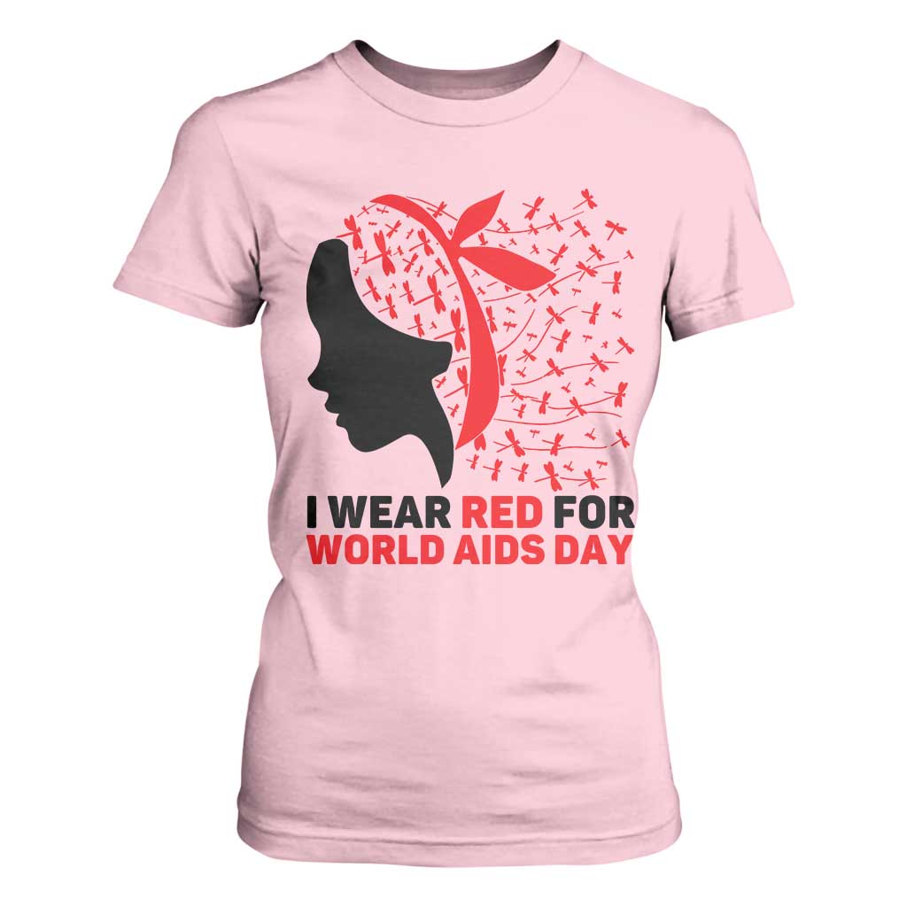 I Wear Red For World AIDS Day T Shirt For Women HIV Support Dragonfly Support Gift