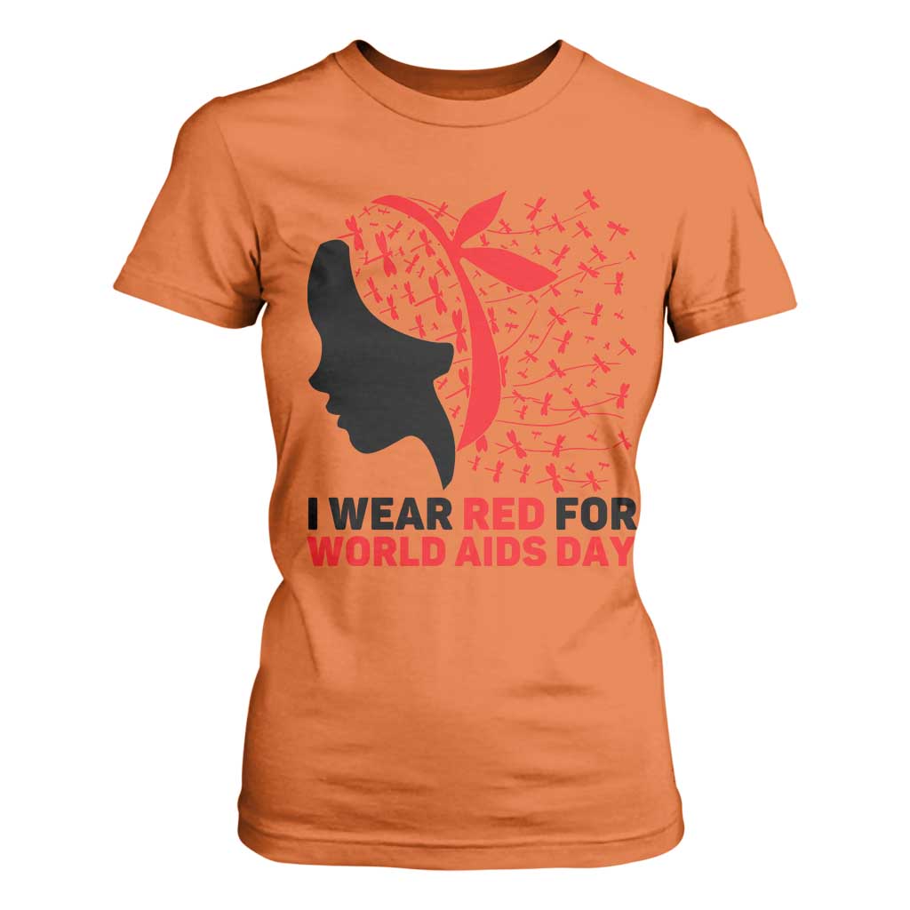 I Wear Red For World AIDS Day T Shirt For Women HIV Support Dragonfly Support Gift