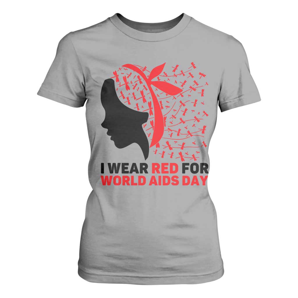 I Wear Red For World AIDS Day T Shirt For Women HIV Support Dragonfly Support Gift