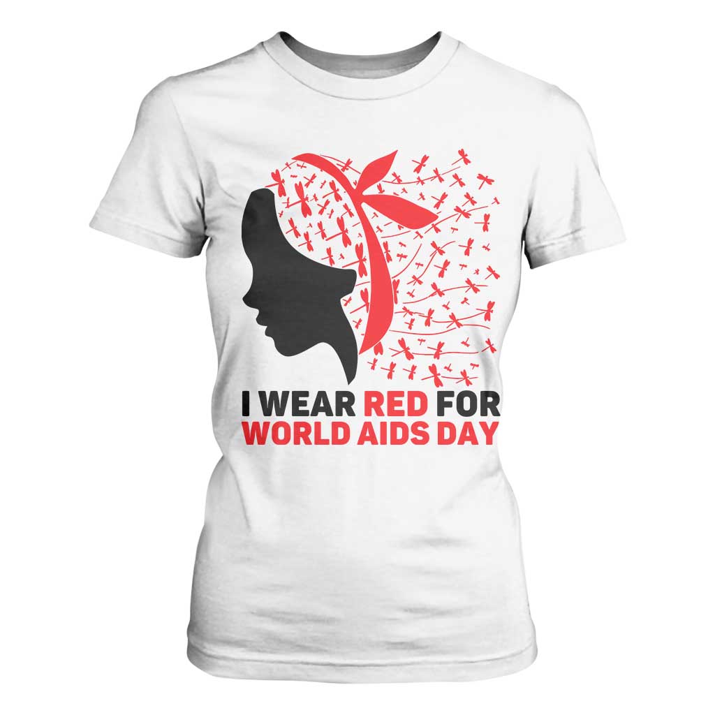 I Wear Red For World AIDS Day T Shirt For Women HIV Support Dragonfly Support Gift
