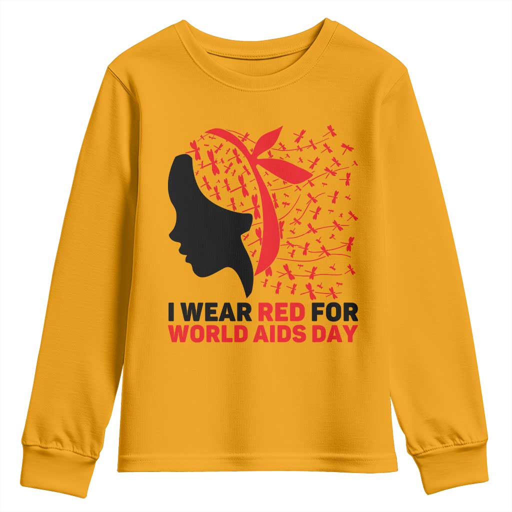 I Wear Red For World AIDS Day Youth Sweatshirt HIV Support Dragonfly Support Gift