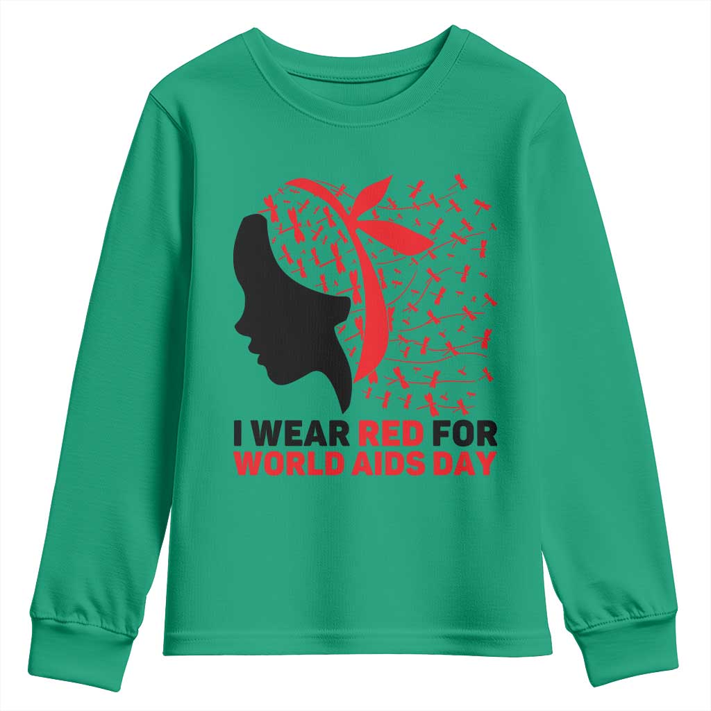 I Wear Red For World AIDS Day Youth Sweatshirt HIV Support Dragonfly Support Gift