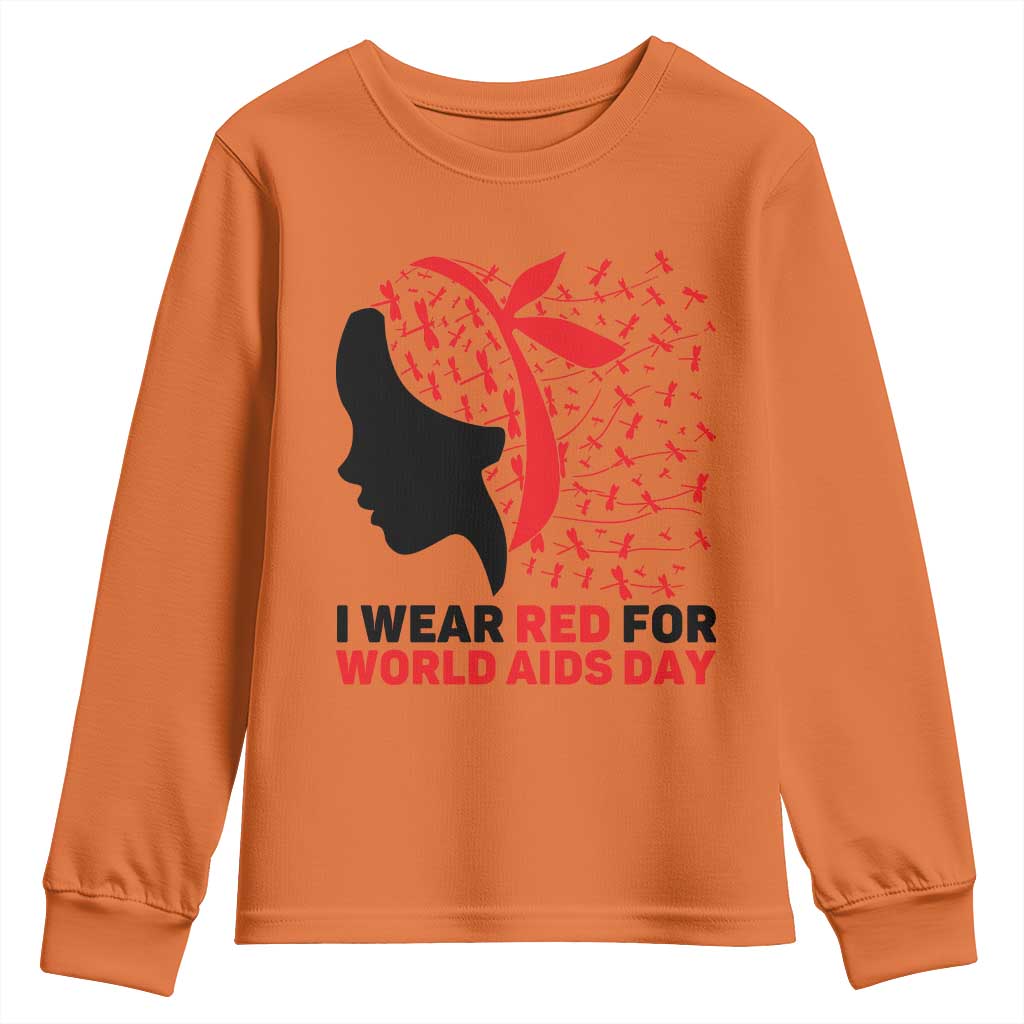 I Wear Red For World AIDS Day Youth Sweatshirt HIV Support Dragonfly Support Gift