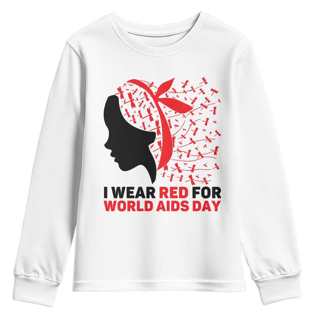I Wear Red For World AIDS Day Youth Sweatshirt HIV Support Dragonfly Support Gift