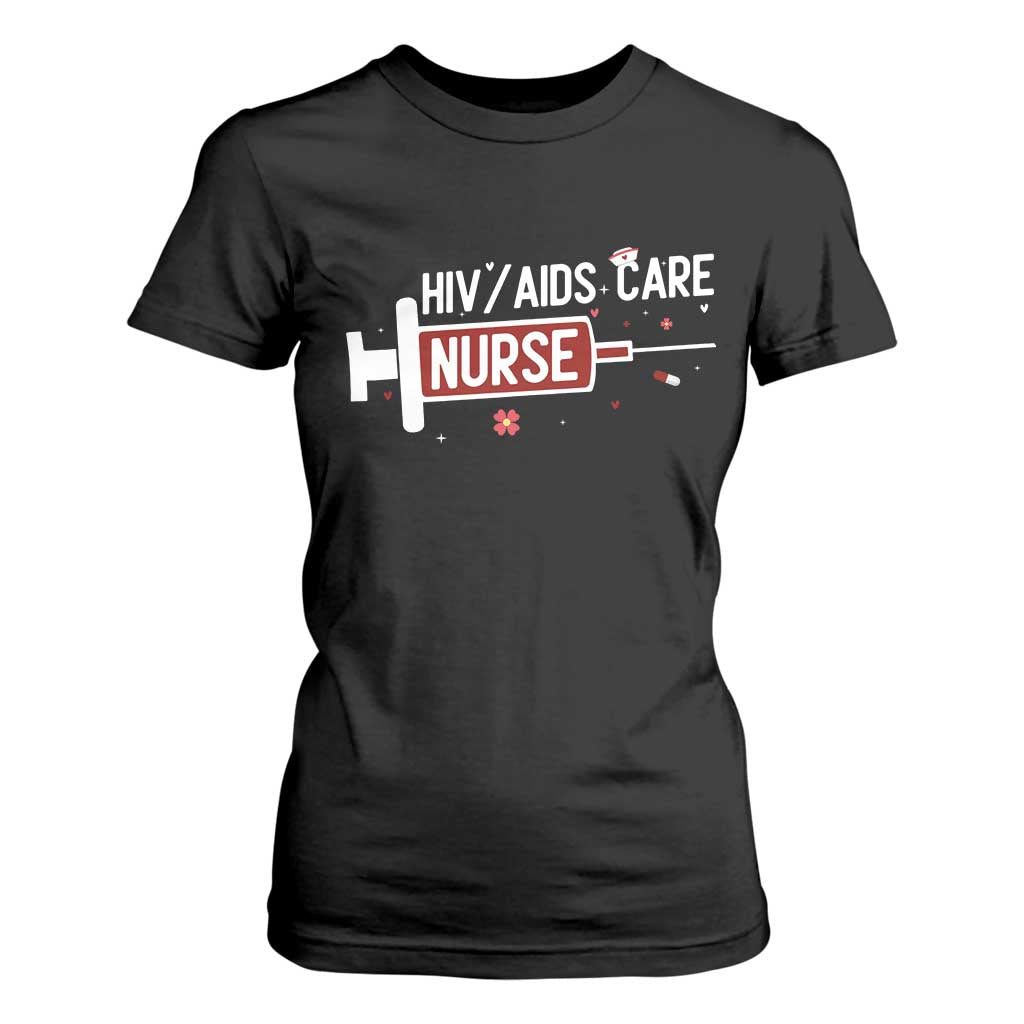 HIV AIDS Care Nurse T Shirt For Women Red Ribbon Support Gift