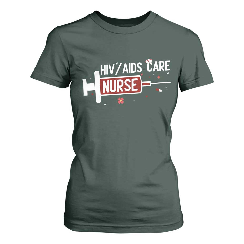 HIV AIDS Care Nurse T Shirt For Women Red Ribbon Support Gift