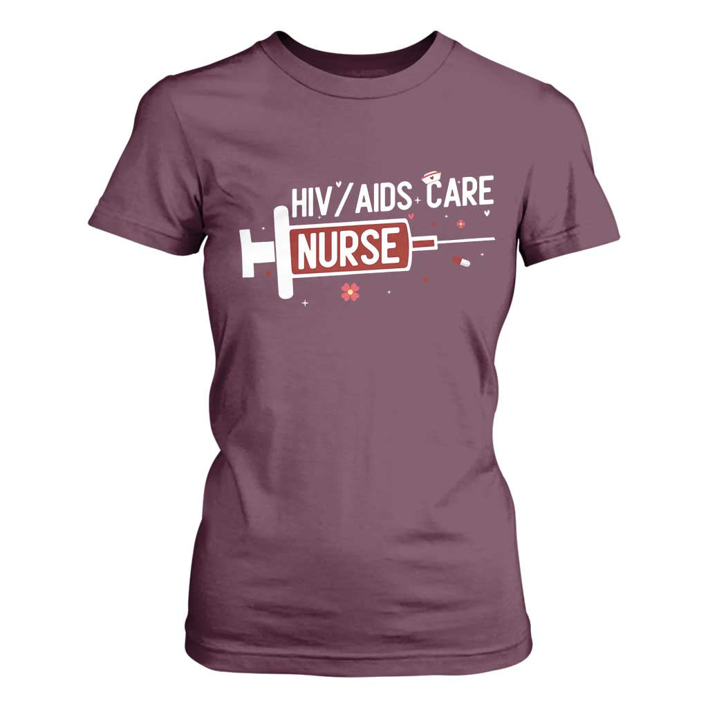 HIV AIDS Care Nurse T Shirt For Women Red Ribbon Support Gift