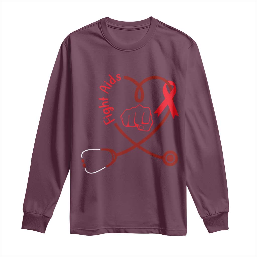 Fight AIDS Nurse Long Sleeve Shirt Red Ribbon HIV Support Gift
