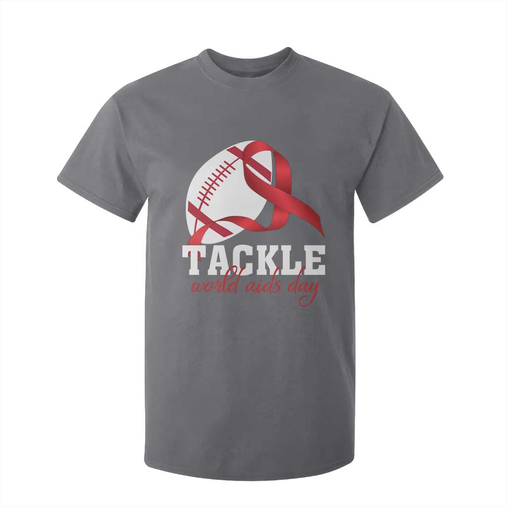Tackle World AIDS Day T Shirt For Kid Red Ribbon Football Support Gift