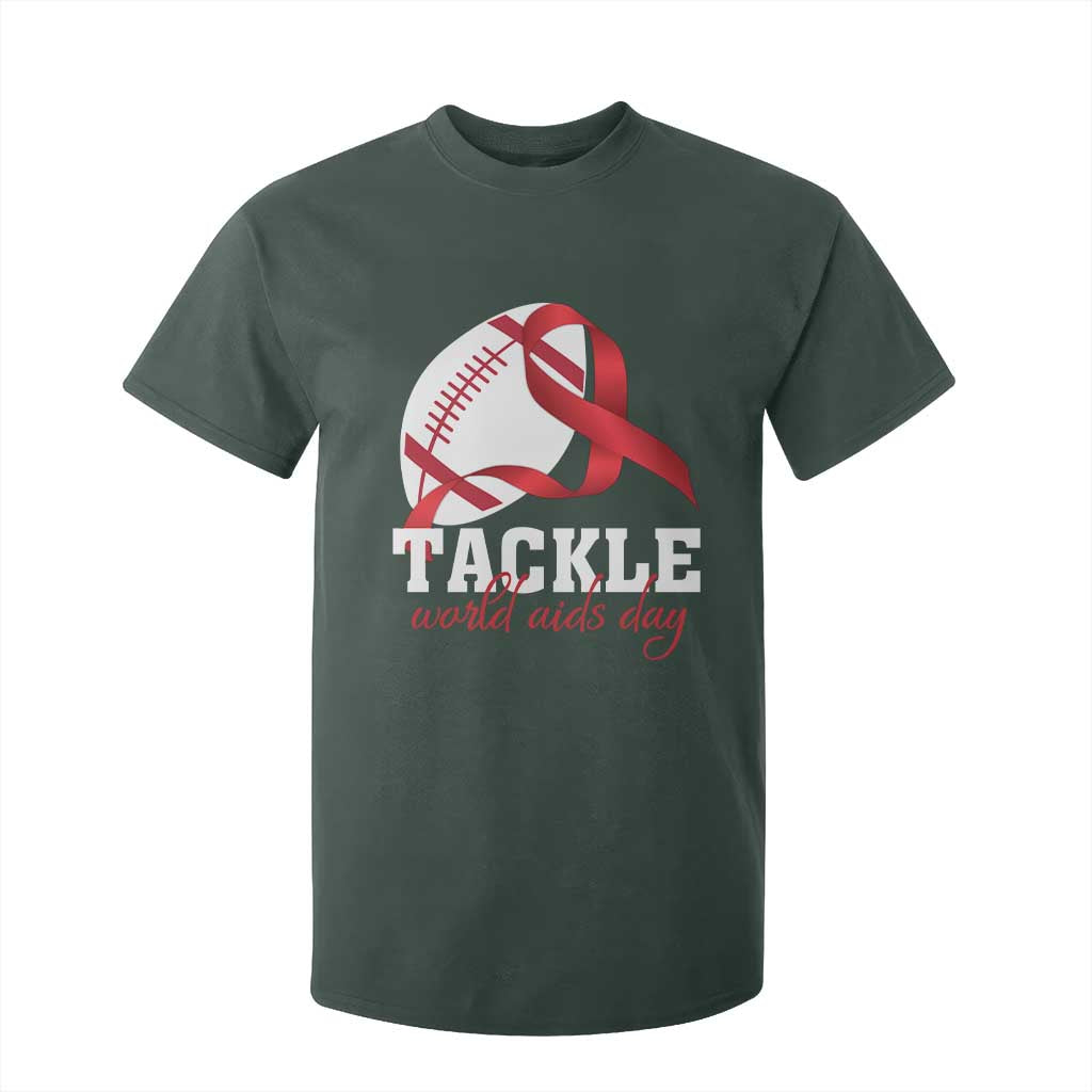 Tackle World AIDS Day T Shirt For Kid Red Ribbon Football Support Gift
