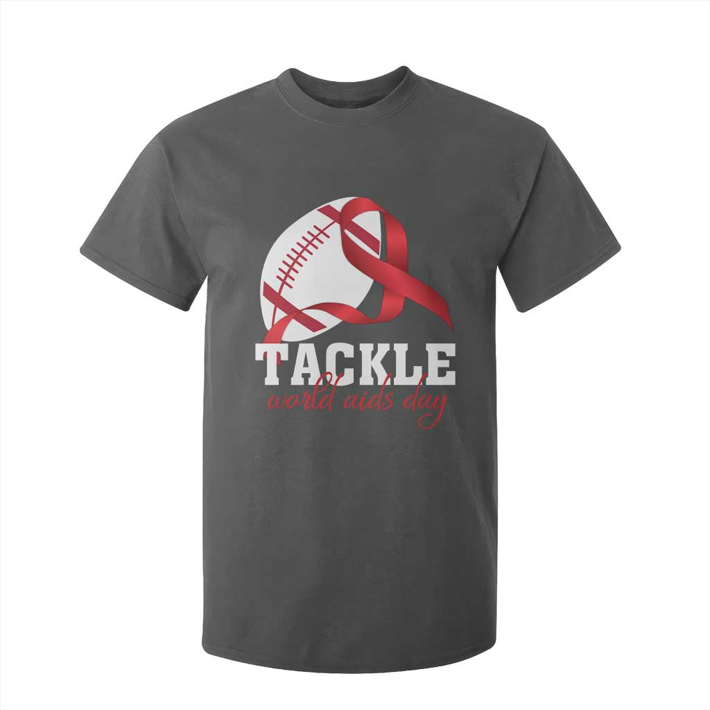Tackle World AIDS Day T Shirt For Kid Red Ribbon Football Support Gift