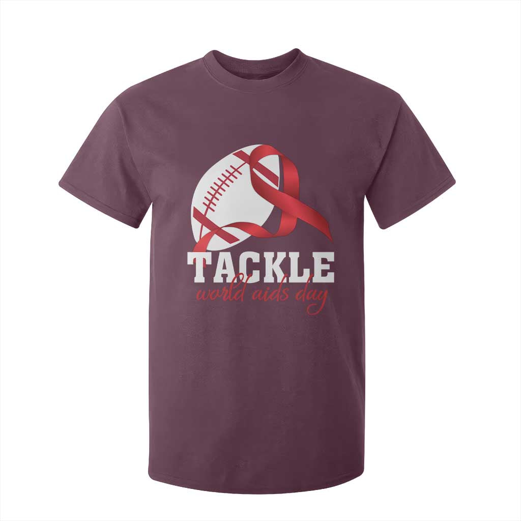 Tackle World AIDS Day T Shirt For Kid Red Ribbon Football Support Gift