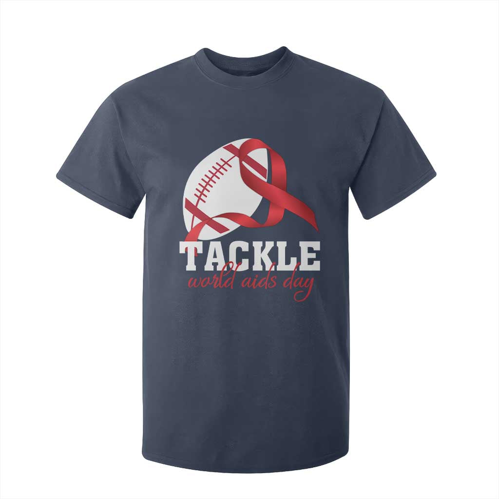 Tackle World AIDS Day T Shirt For Kid Red Ribbon Football Support Gift