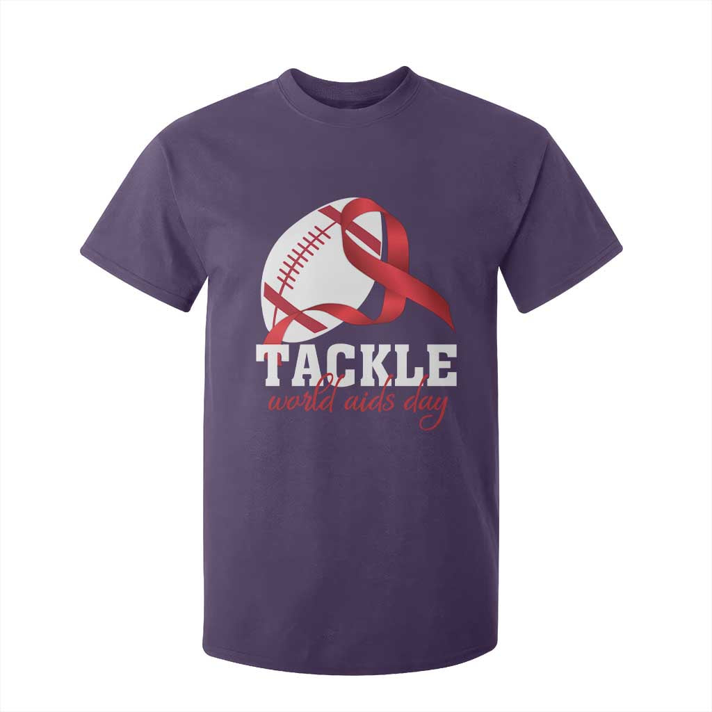 Tackle World AIDS Day T Shirt For Kid Red Ribbon Football Support Gift