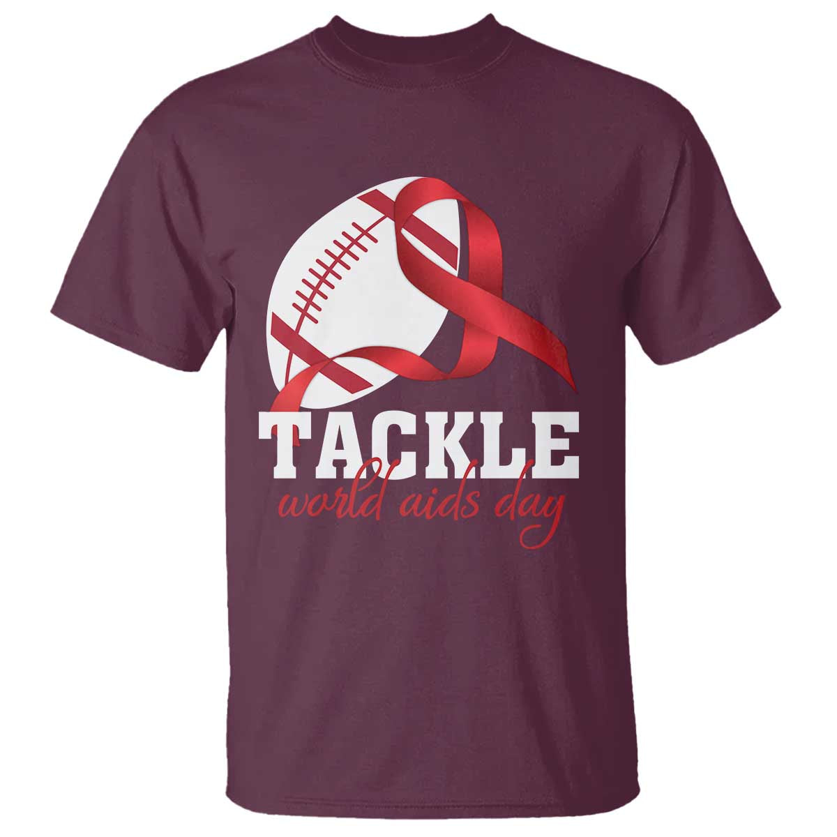 Tackle World AIDS Day T Shirt Red Ribbon Football Support Gift