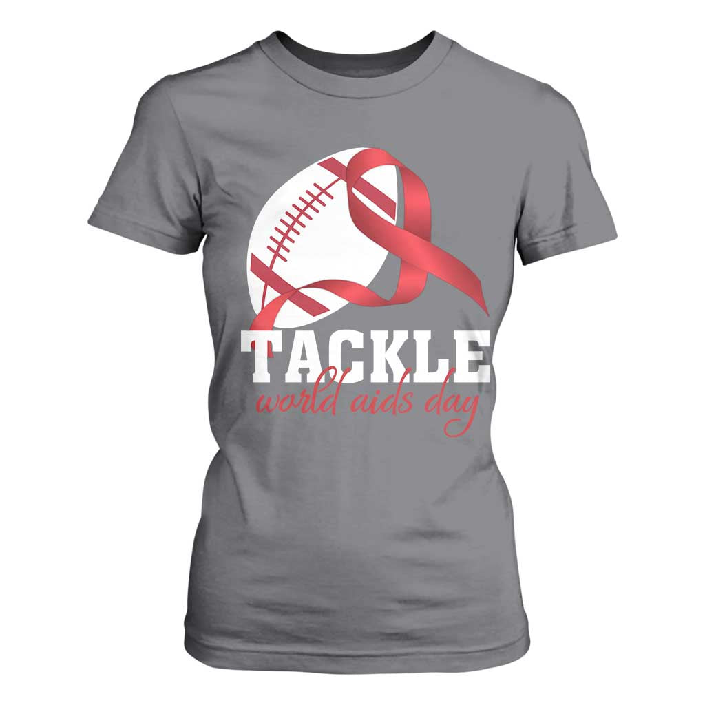 Tackle World AIDS Day T Shirt For Women Red Ribbon Football Support Gift