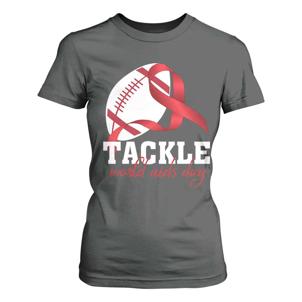 Tackle World AIDS Day T Shirt For Women Red Ribbon Football Support Gift