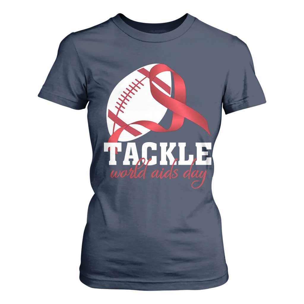Tackle World AIDS Day T Shirt For Women Red Ribbon Football Support Gift