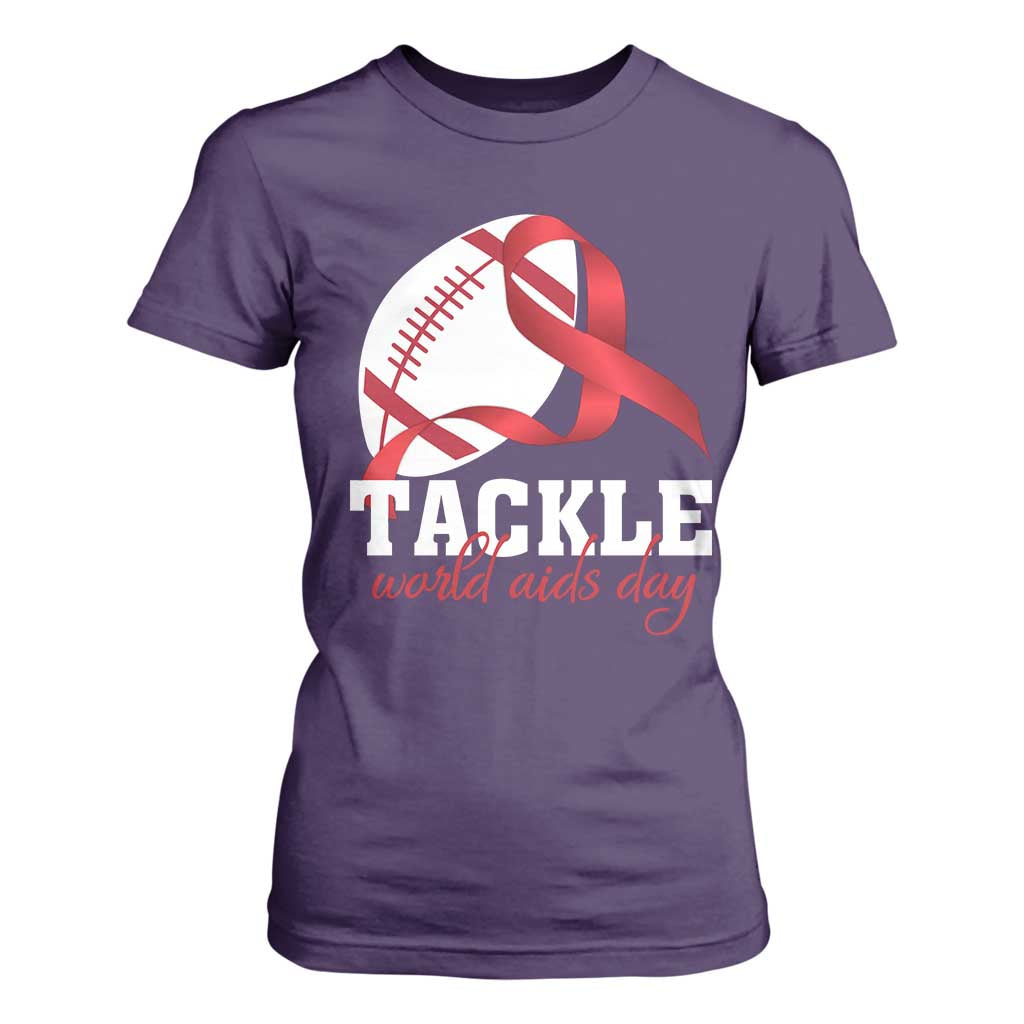 Tackle World AIDS Day T Shirt For Women Red Ribbon Football Support Gift