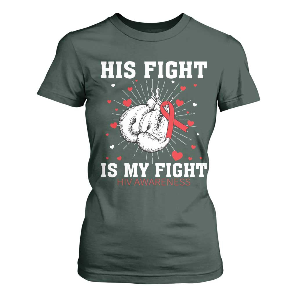 His Fight My Fight HIV Warrior T Shirt For Women Red Ribbon Boxing Gift