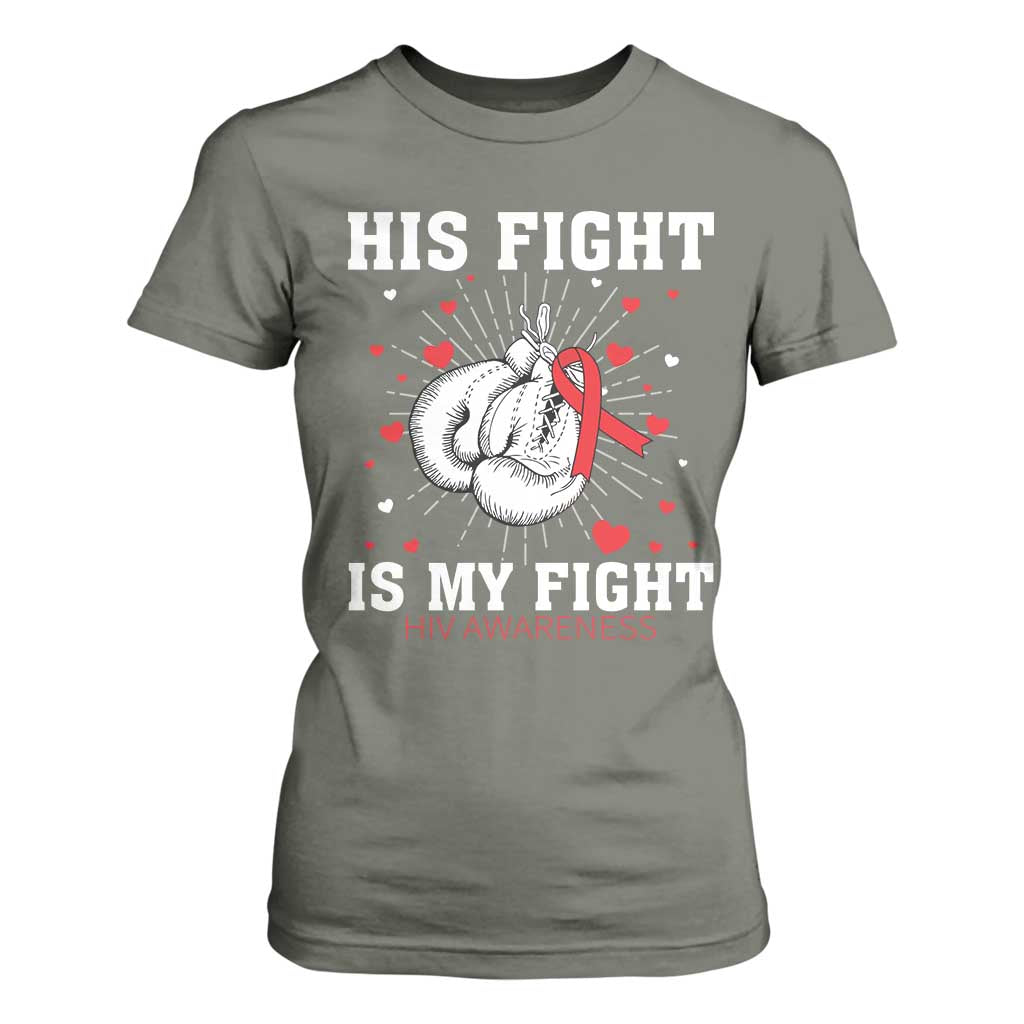 His Fight My Fight HIV Warrior T Shirt For Women Red Ribbon Boxing Gift