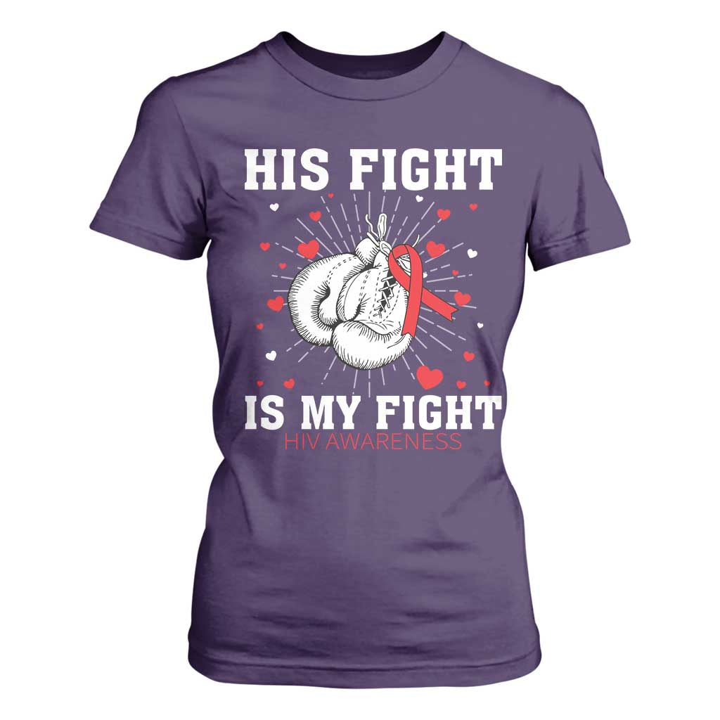 His Fight My Fight HIV Warrior T Shirt For Women Red Ribbon Boxing Gift
