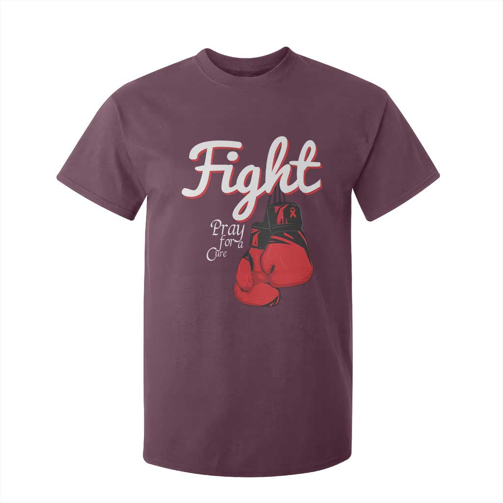 Fight Pray For A Cure T Shirt For Kid Red Ribbon HIV Support Boxing Gift