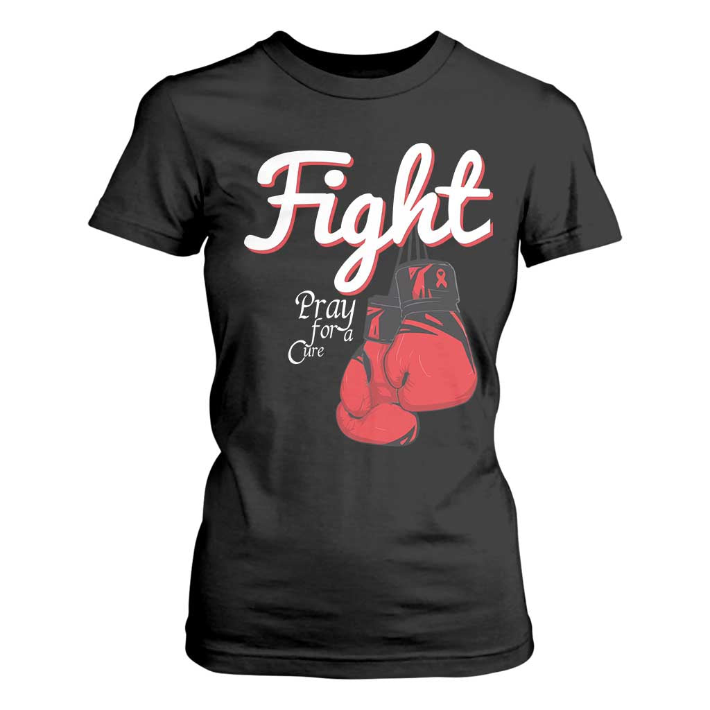 Fight Pray For A Cure T Shirt For Women Red Ribbon HIV Support Boxing Gift