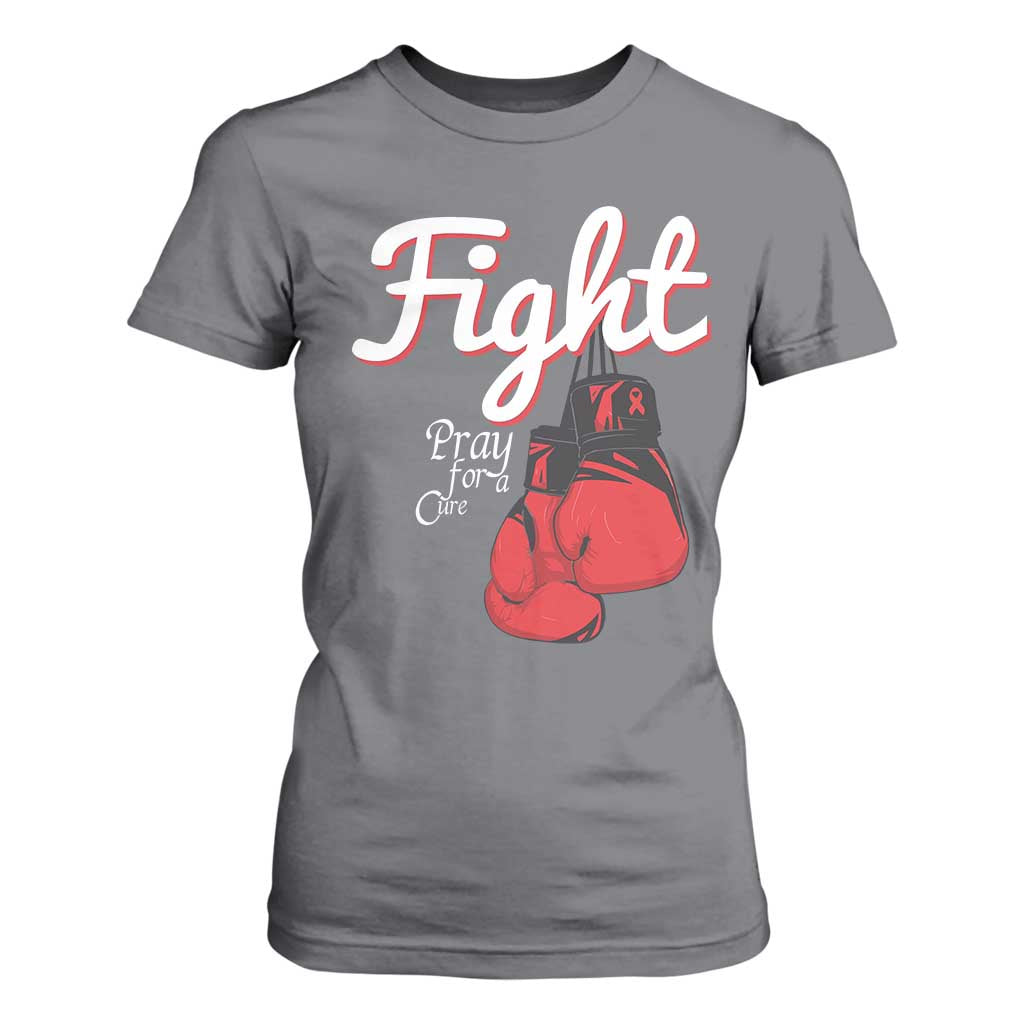 Fight Pray For A Cure T Shirt For Women Red Ribbon HIV Support Boxing Gift