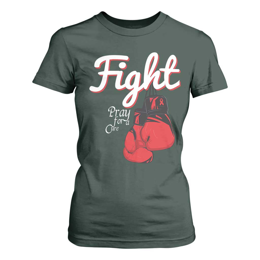 Fight Pray For A Cure T Shirt For Women Red Ribbon HIV Support Boxing Gift