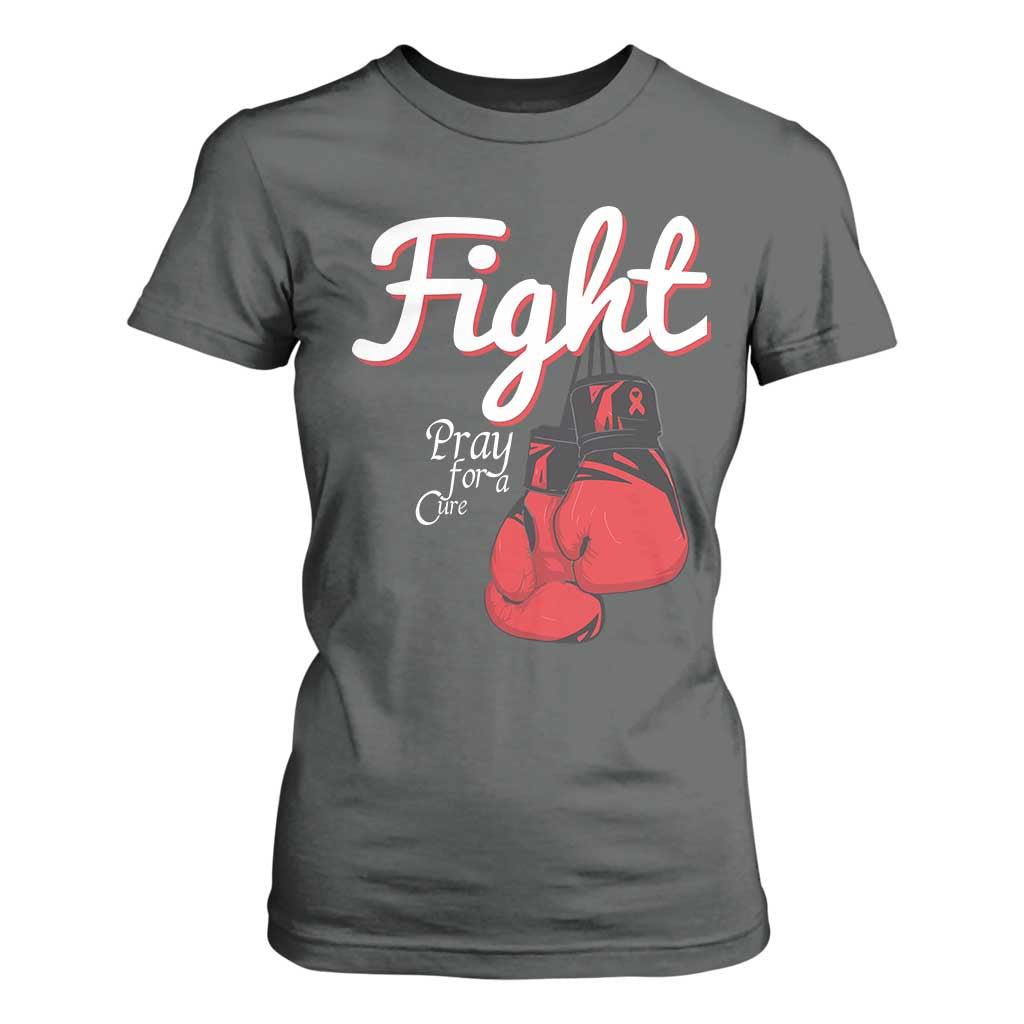 Fight Pray For A Cure T Shirt For Women Red Ribbon HIV Support Boxing Gift
