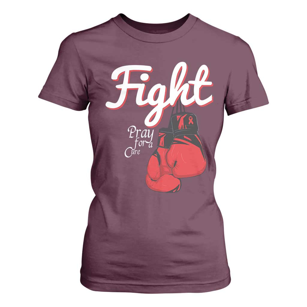 Fight Pray For A Cure T Shirt For Women Red Ribbon HIV Support Boxing Gift