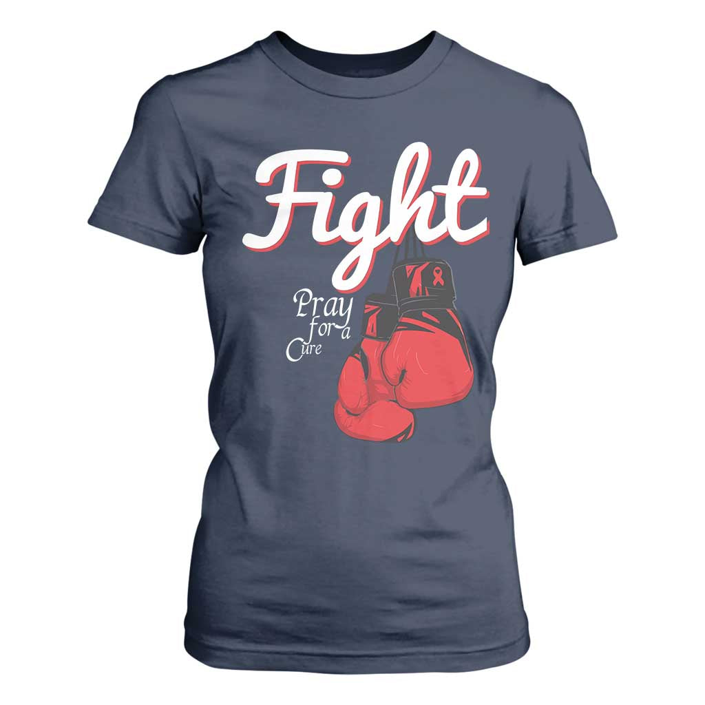 Fight Pray For A Cure T Shirt For Women Red Ribbon HIV Support Boxing Gift