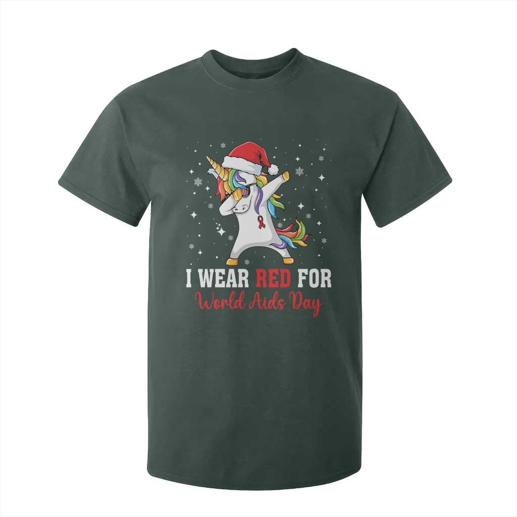 I Wear Red For World AIDS Day T Shirt For Kid Santa Unicorn Dabbing Christmas Gift