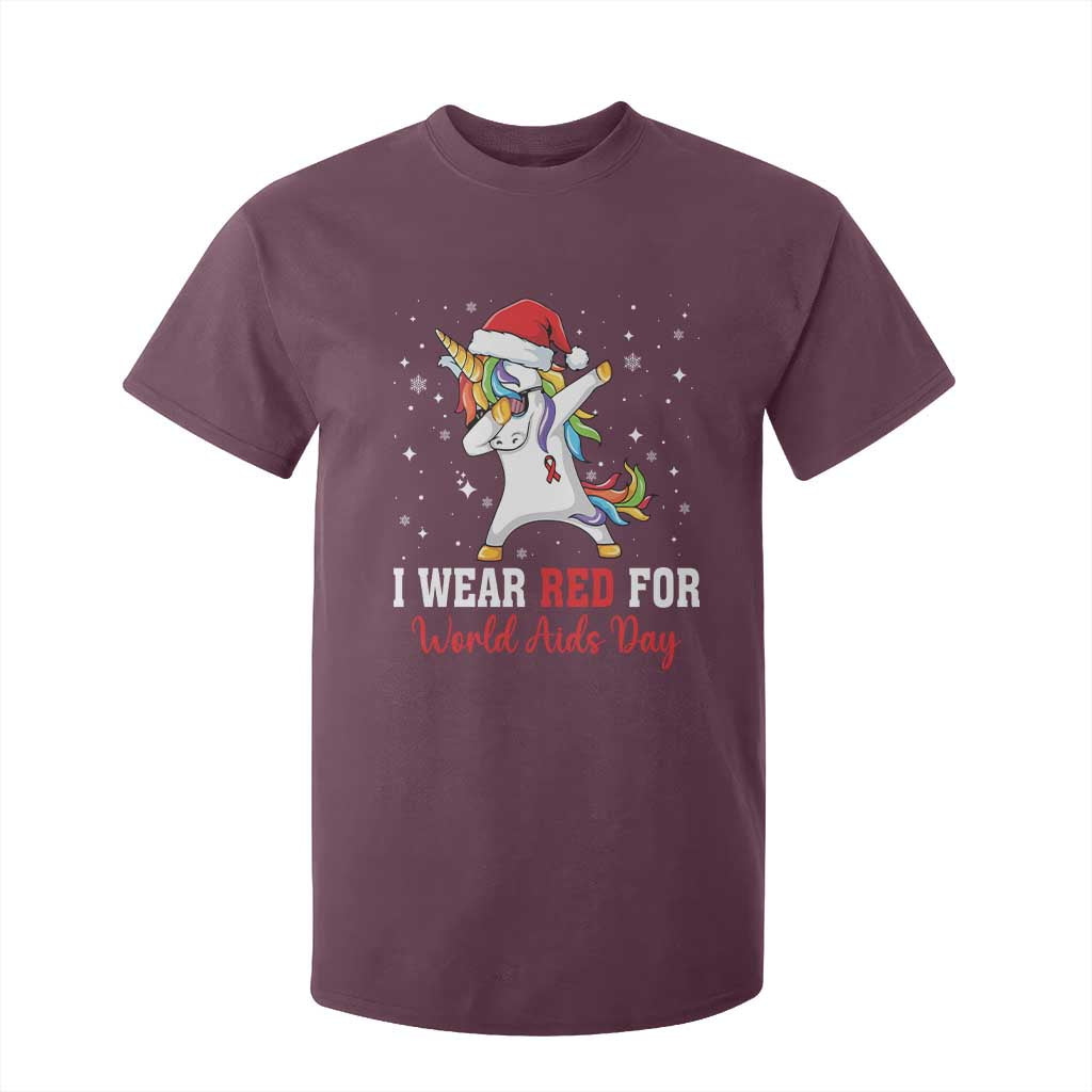 I Wear Red For World AIDS Day T Shirt For Kid Santa Unicorn Dabbing Christmas Gift