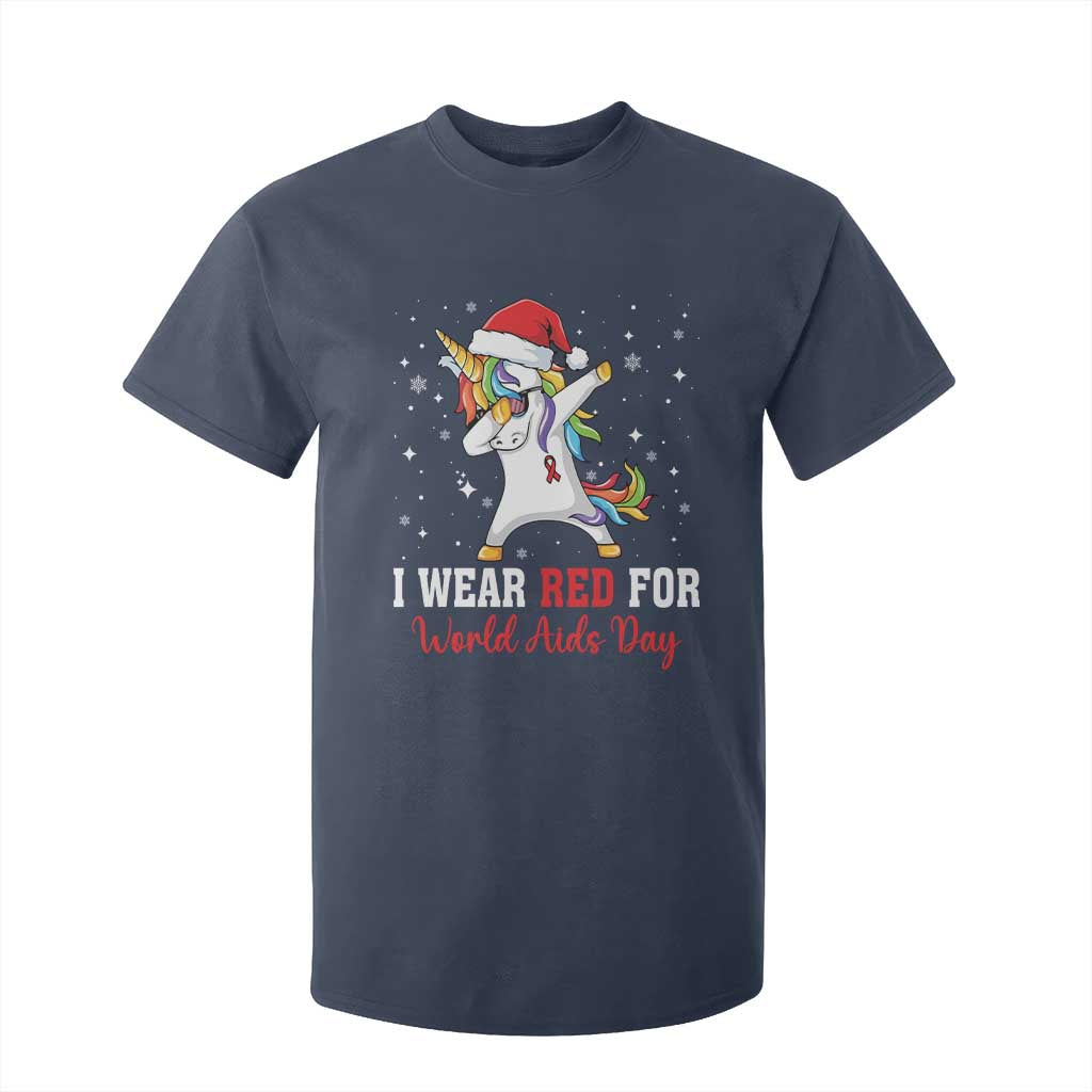I Wear Red For World AIDS Day T Shirt For Kid Santa Unicorn Dabbing Christmas Gift