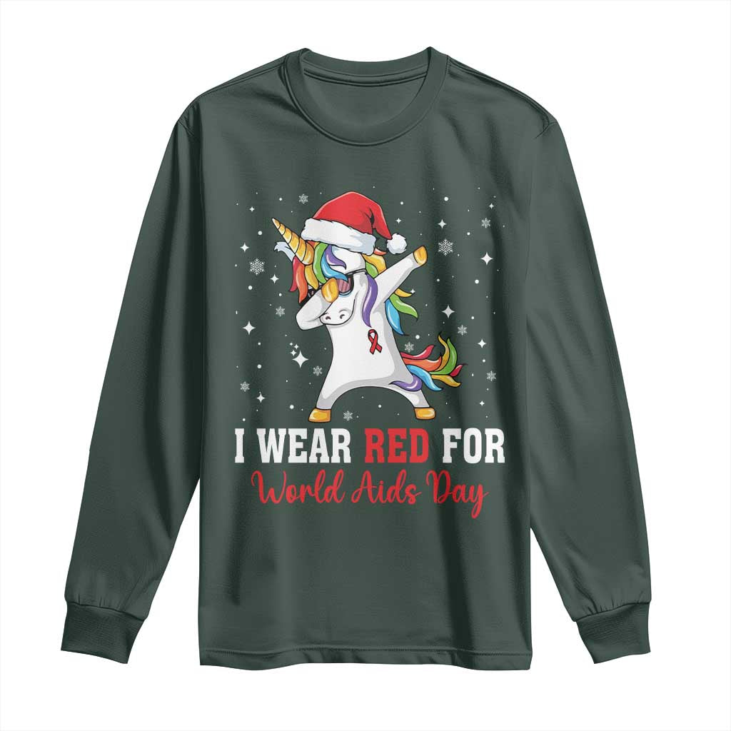I Wear Red For World AIDS Day Long Sleeve Shirt Santa Unicorn Dabbing Christmas Gift