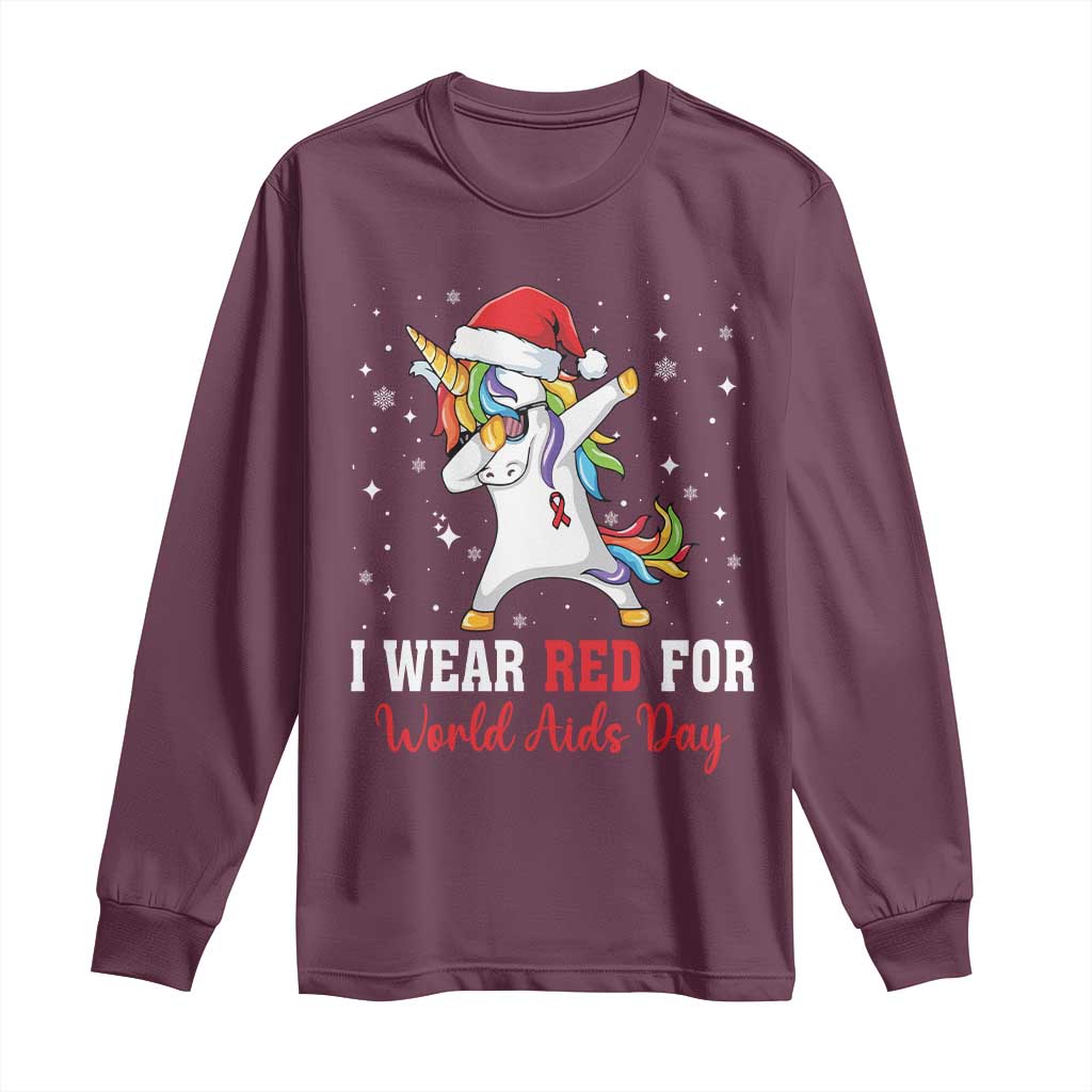 I Wear Red For World AIDS Day Long Sleeve Shirt Santa Unicorn Dabbing Christmas Gift