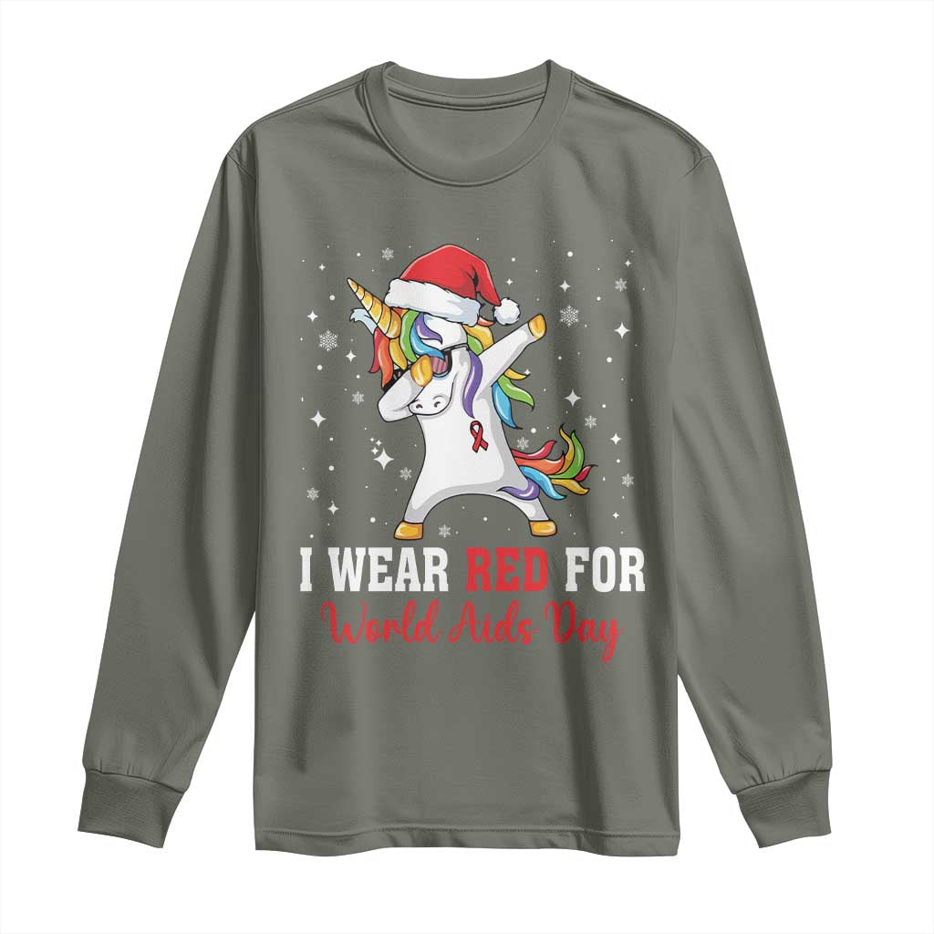I Wear Red For World AIDS Day Long Sleeve Shirt Santa Unicorn Dabbing Christmas Gift