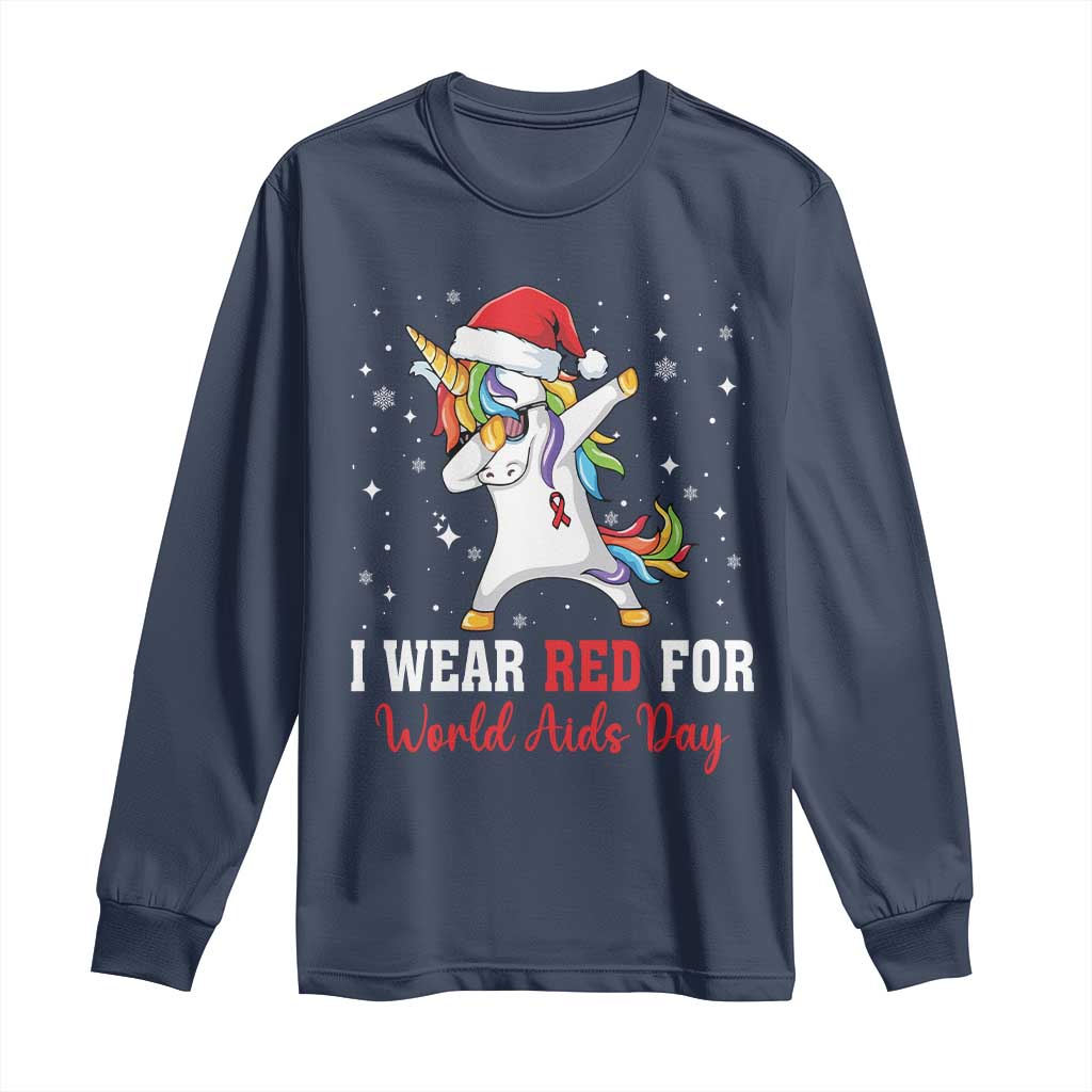 I Wear Red For World AIDS Day Long Sleeve Shirt Santa Unicorn Dabbing Christmas Gift