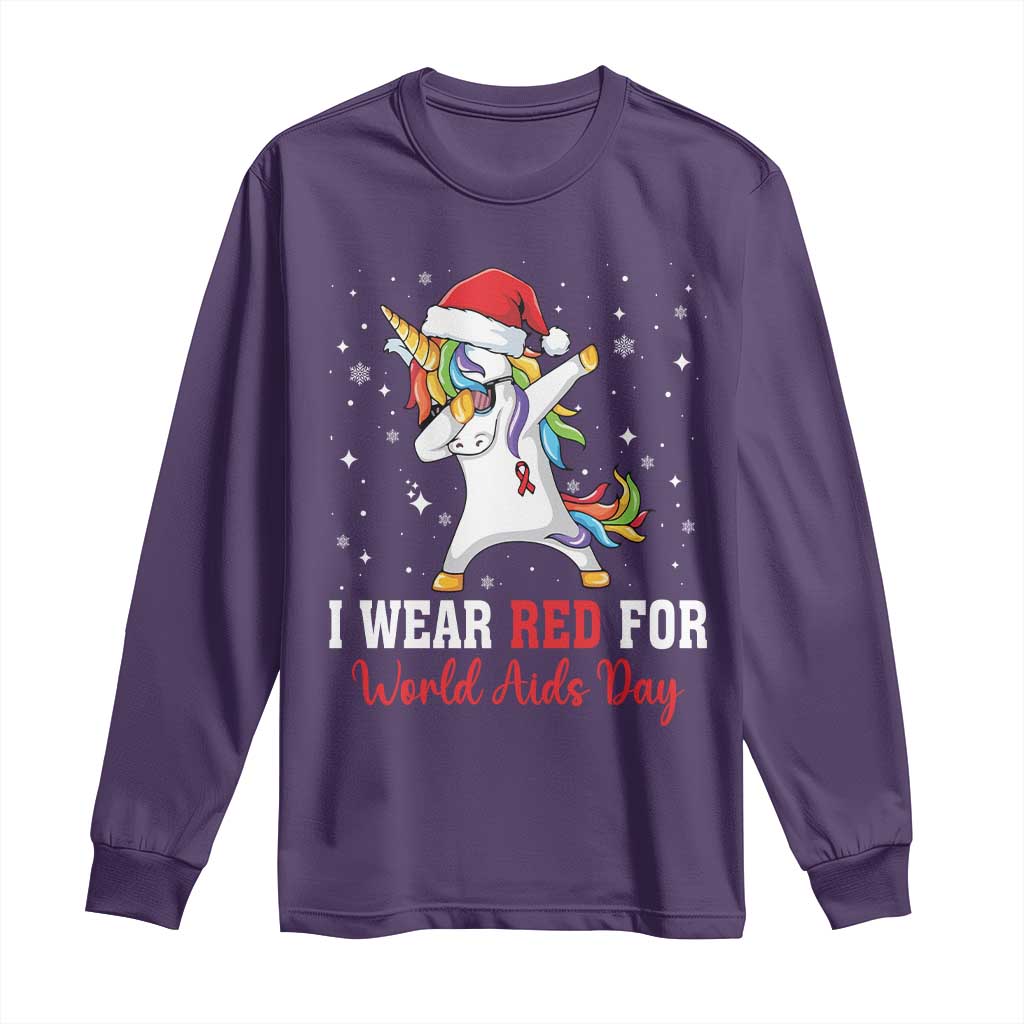 I Wear Red For World AIDS Day Long Sleeve Shirt Santa Unicorn Dabbing Christmas Gift